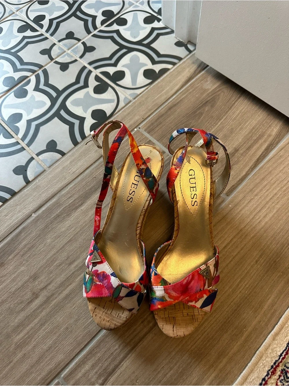 GUESS Floral Print Cork Wedge Sandals in Red, Blue and Pink